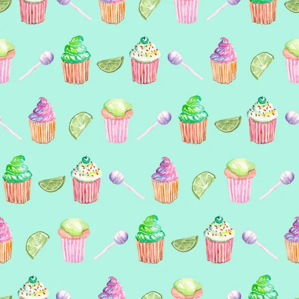 Pattern with muffins, lime and candy — Stock Photo, Image