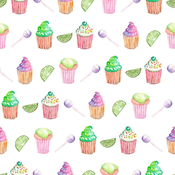 Muster mit Muffins, Limette und Bonbons — Stockfoto