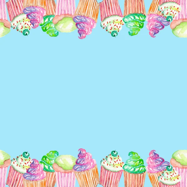 Template postcard with muffins on a blue background — Stock Image Template postcard with muffins on a blue background Stock Image