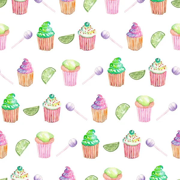 Pattern with muffins, lime and candy — Stock Image Pattern with muffins, lime and candy Stock Photo