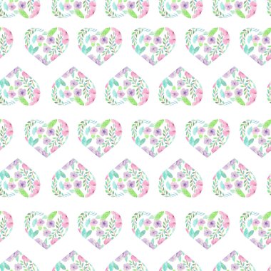 Seamless pattern of floral watercolor hearts
