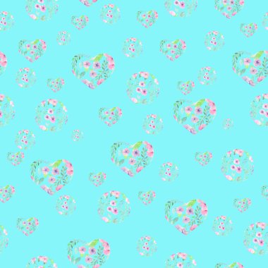 Seamless pattern of floral watercolor hearts and circles