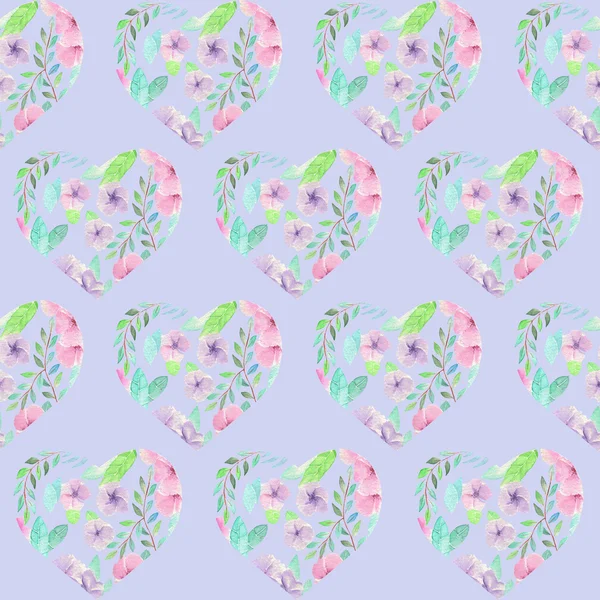 Seamless pattern of floral watercolor hearts — Stock Photo, Image