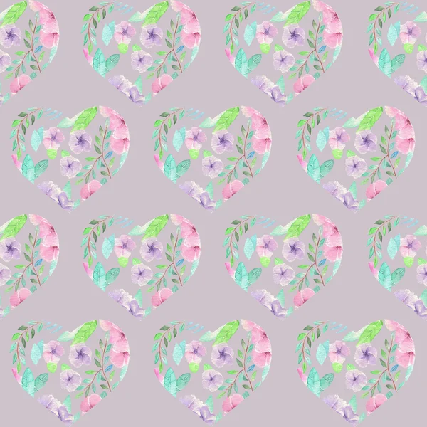 Seamless pattern of floral watercolor hearts — Stock Photo, Image