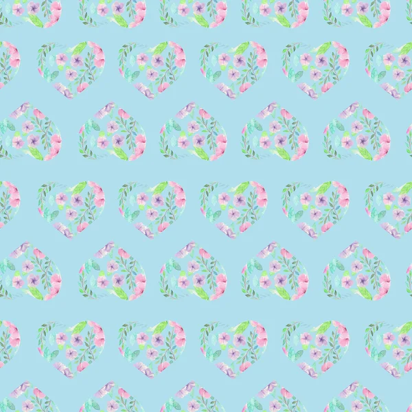 Seamless pattern of floral watercolor hearts — ストック写真
