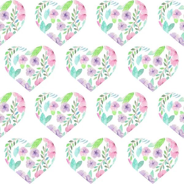 Seamless pattern of floral watercolor hearts — Stockfoto