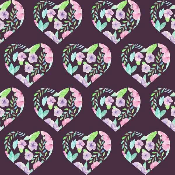 Seamless pattern of floral watercolor hearts — ストック写真