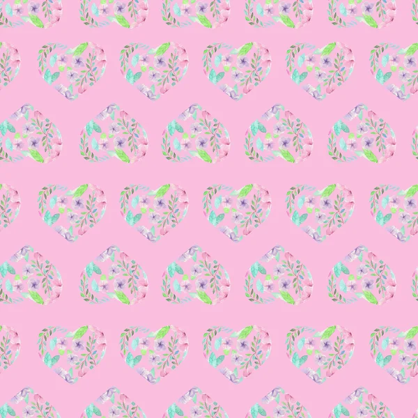 Seamless pattern of floral watercolor hearts — ストック写真