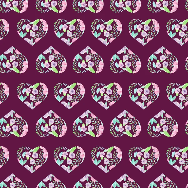 Seamless pattern of floral watercolor hearts — ストック写真