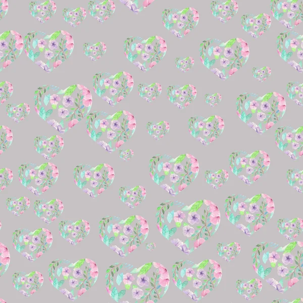 Seamless pattern of floral watercolor hearts — Stockfoto