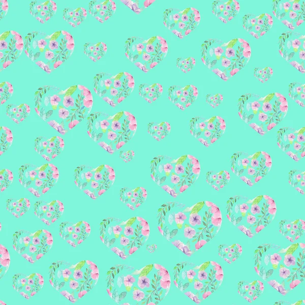 Seamless pattern of floral watercolor hearts — Stockfoto