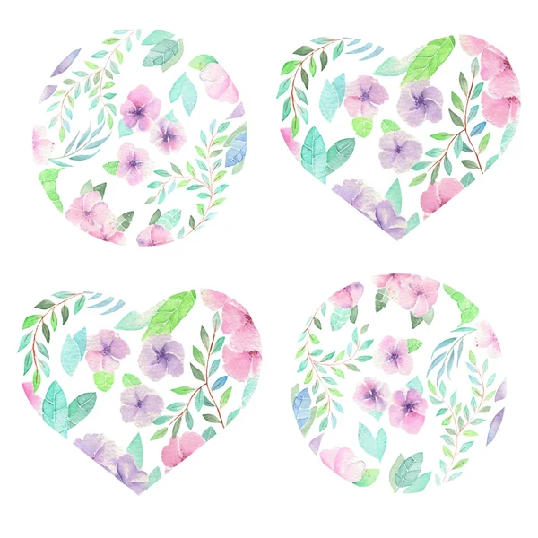 Floral watercolor hearts and circles — Zdjęcie stockowe