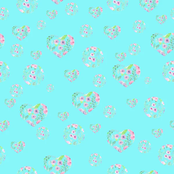 Seamless pattern of floral watercolor hearts and circles — Stock Photo, Image