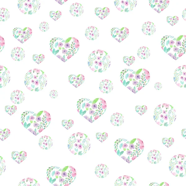 Seamless pattern of floral watercolor hearts and circles — Stock Photo, Image