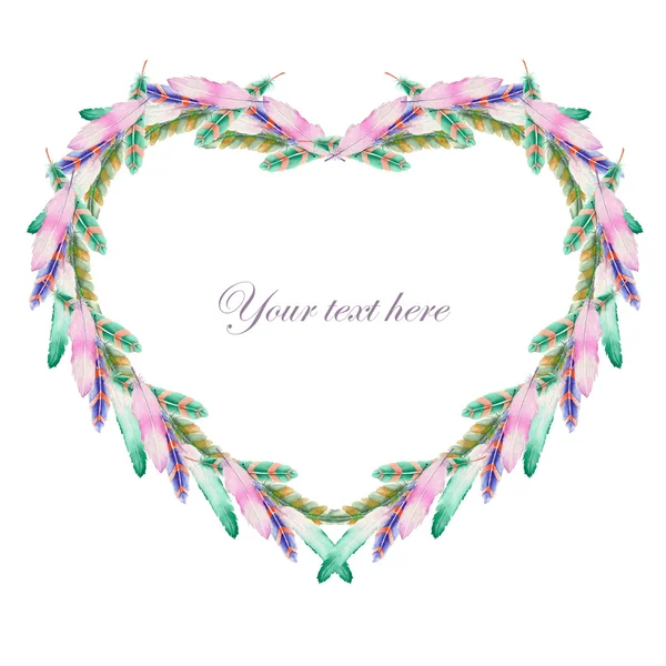 Heart frame of watercolor feathers — Stock Photo, Image