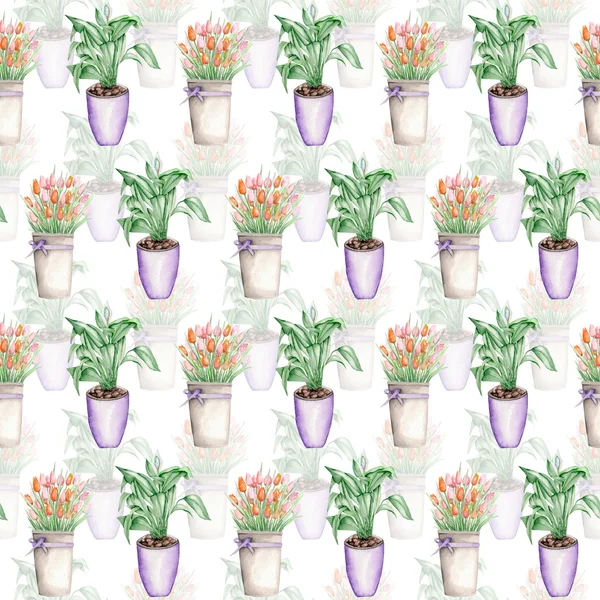 Seamless pattern of the doubly tulips in a bucket and spathiphyllum — Stock Image Seamless pattern of the doubly tulips in a bucket and spathiphyllum Stock Image