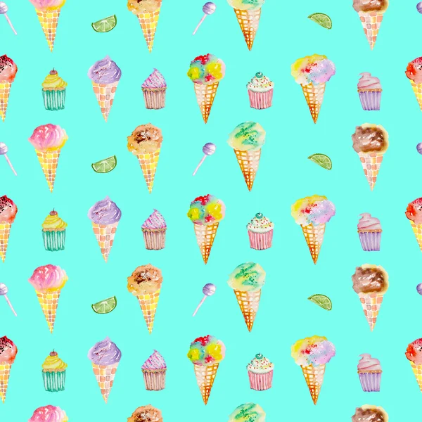 รูปแบบไอศกรีมและขนมปังบนพื้นหลังสีเทอร์ควอยส์ — ภาพถ่ายสต็อก