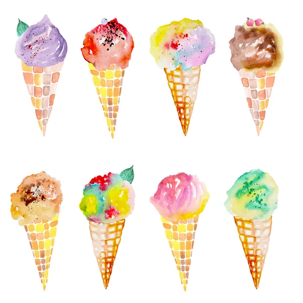 Set, collection with the watercolor ice cream cone — Stock Photo, Image