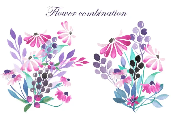 Akvarell csokrok, lila virágok, levelek, növények csoportja — Stock Fotó