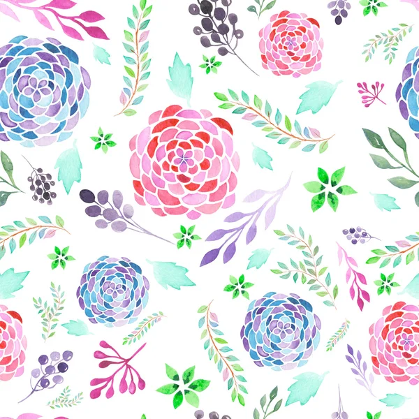 Watecolor 抽象枝、葉と花のシームレス パターン — ストック写真