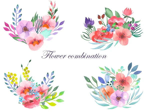 Set of watercolor bouquets with flowers, leaves and plants — Stock Photo, Image