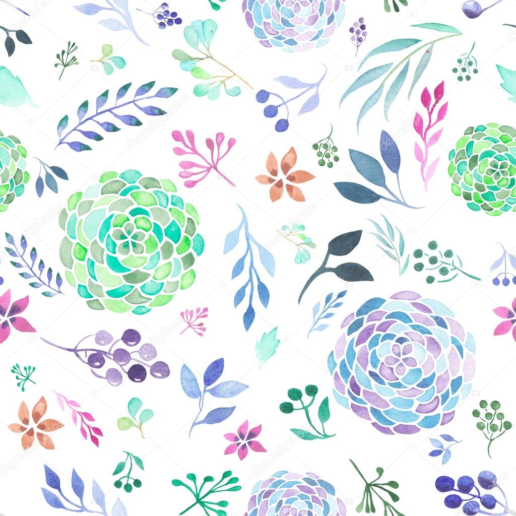 Seamless pattern of watecolor abstract branches, leaves and flowers