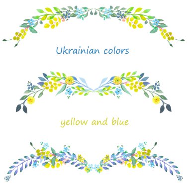 Çerçeve kenarlığı, suluboya mavi ve sarı çiçekler, çiçek dekoratif süs yaprakları ve dalları