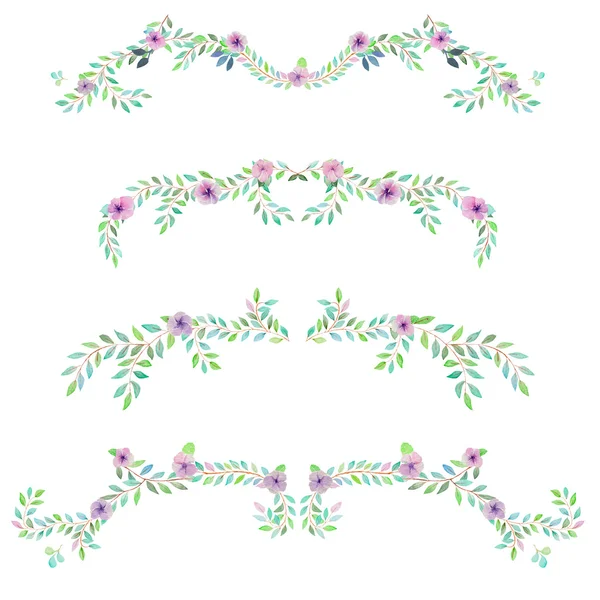 Frame border, floral decorative ornament with watercolor flowers, leaves and branches — Stock Photo, Image