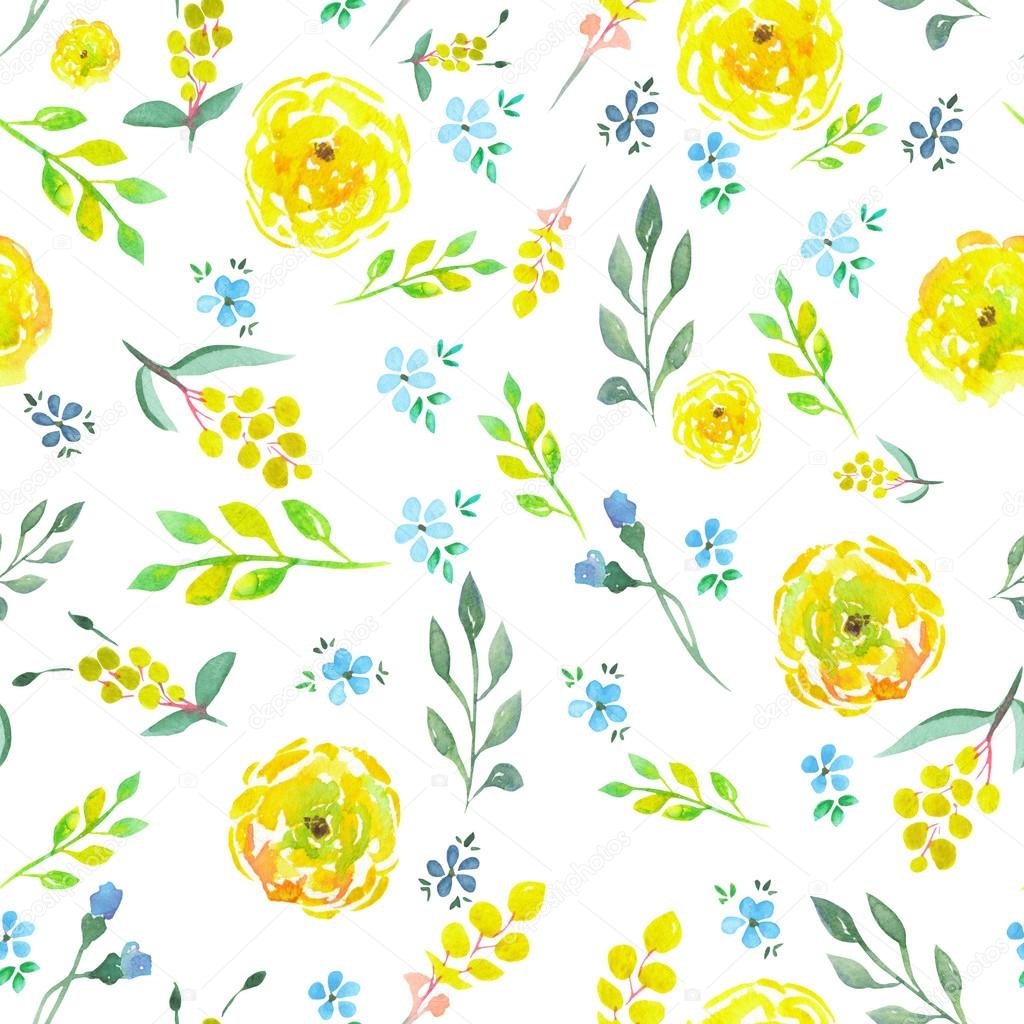 Seamless floral pattern with watercolor yellow and blue ...