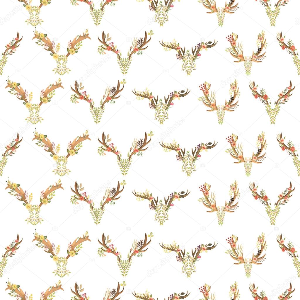Pattern with watercolor antlers entwined by flowers, leaves and plants