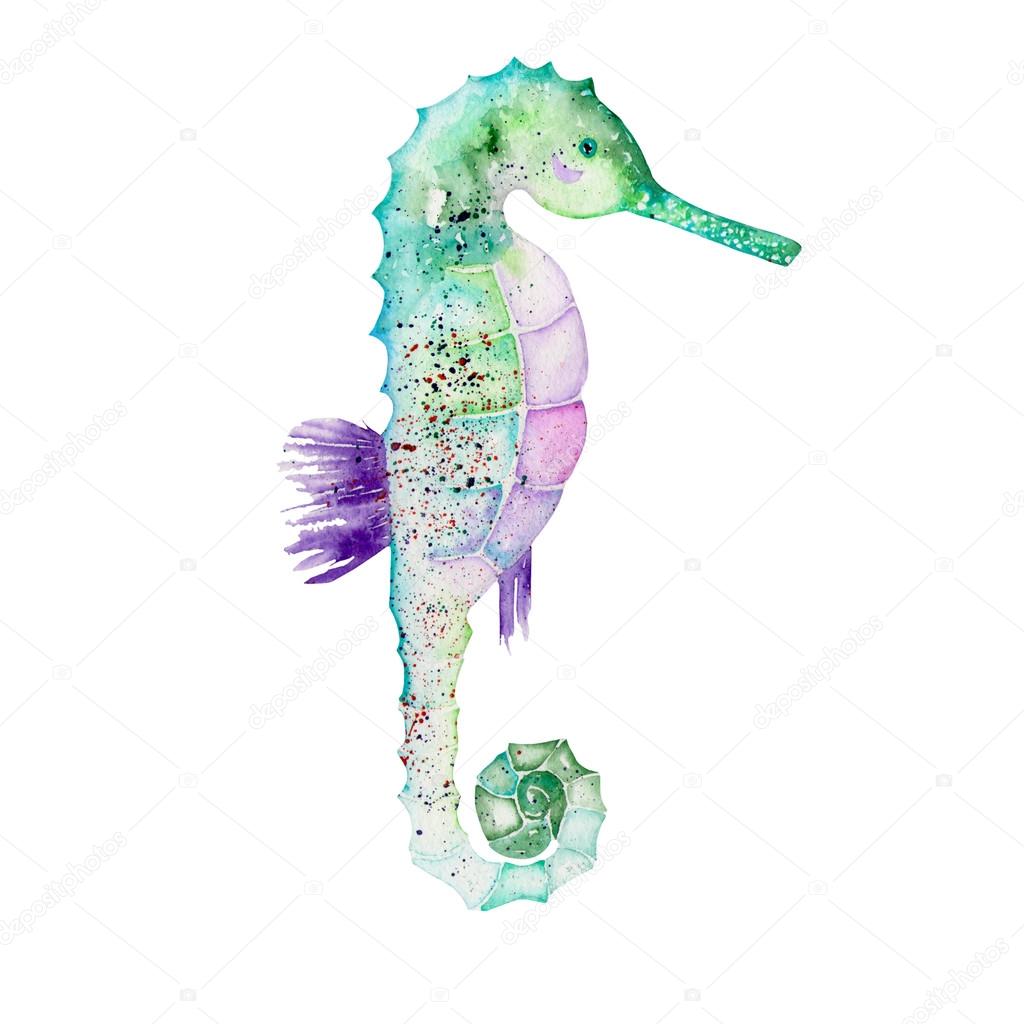 Watercolor illustration of a green seahorse