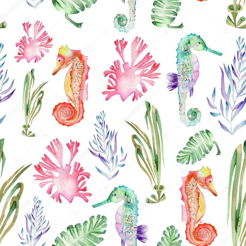 Pattern with watercolor seahorses and seaweed (algae)