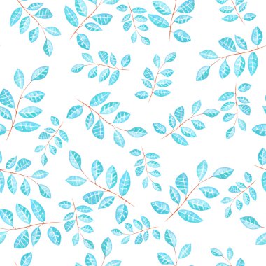 Seamless floral pattern with watercolor bright blue leaves on the branches