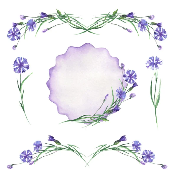 Aquarell-Set aus Kornblumen-Elementen, Rahmenrand, floraler Zierschmuck — Stockfoto