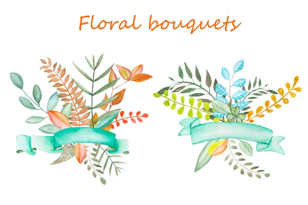 Bouquets de elementos florais com fitas — Fotografia de Stock