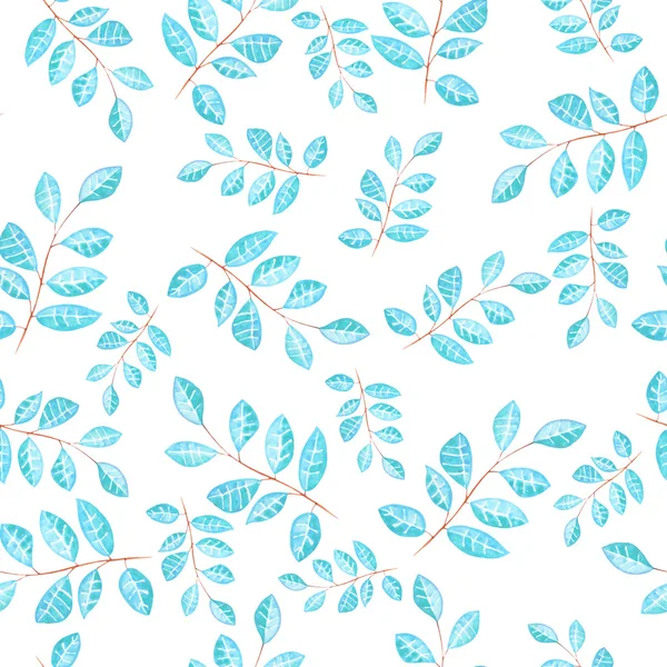 Seamless floral pattern with watercolor bright blue leaves on the branches — Zdjęcie stockowe