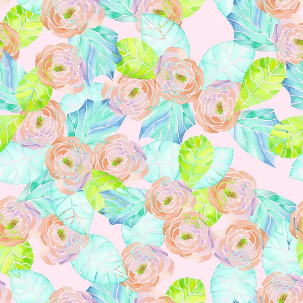 Pattern with watercolor pink flowers and blue leaves — Stock Photo, Image