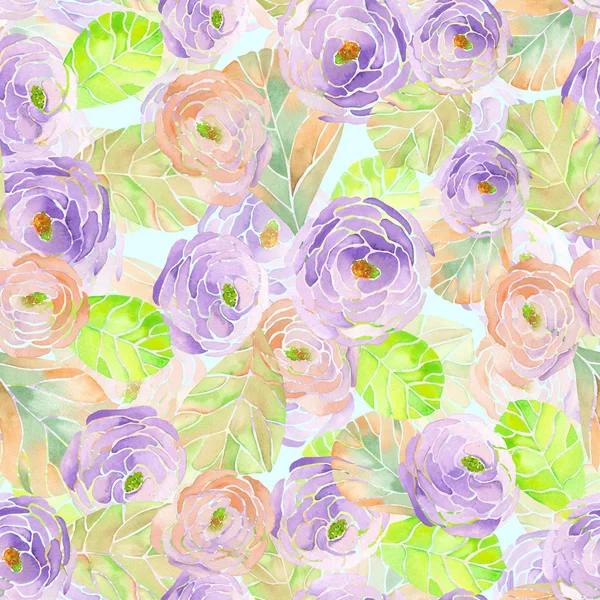 Muster mit aquarellierten lila Blüten und Blättern — Stockfoto