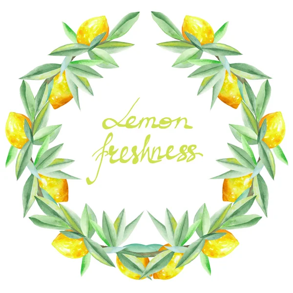 Ram, krans av gula citroner på grenarna med gröna blad målade i akvarell för gratulationskort, dekoration vykort eller inbjudan — Stockfoto