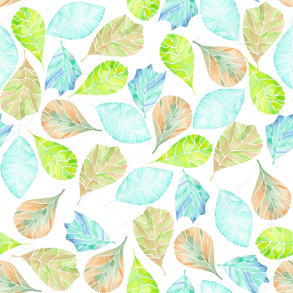 Seamless pattern with abstract green, brown and blue leaves painted in watercolor on a white background