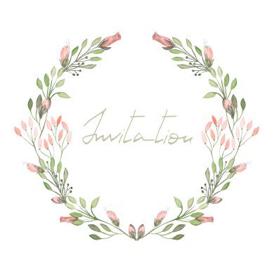 Çerçeve kenarlığı, çelenk ihale Pembe çiçek ve dalları ile yeşil bir beyaz arka plan, tebrik kartı, dekorasyon kartpostal veya davet suluboya içinde boyalı bırakır