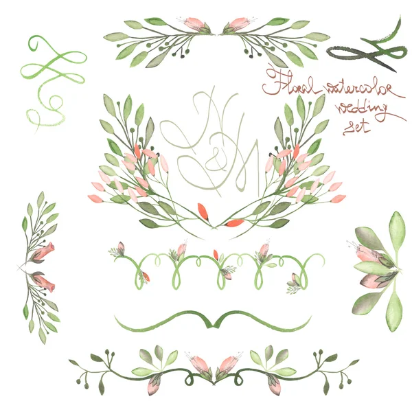 Set with frame borders, floral decorative ornaments with watercolor flowers, leaves and branches for wedding — Stock Photo, Image