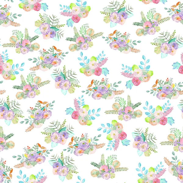 Seamless pattern of watercolor bouquets with flowers, leaves and plants — Stock Photo, Image