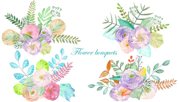 Suluboya buketler çiçek, yaprak ve bitki ile kümesi — Stok fotoğraf