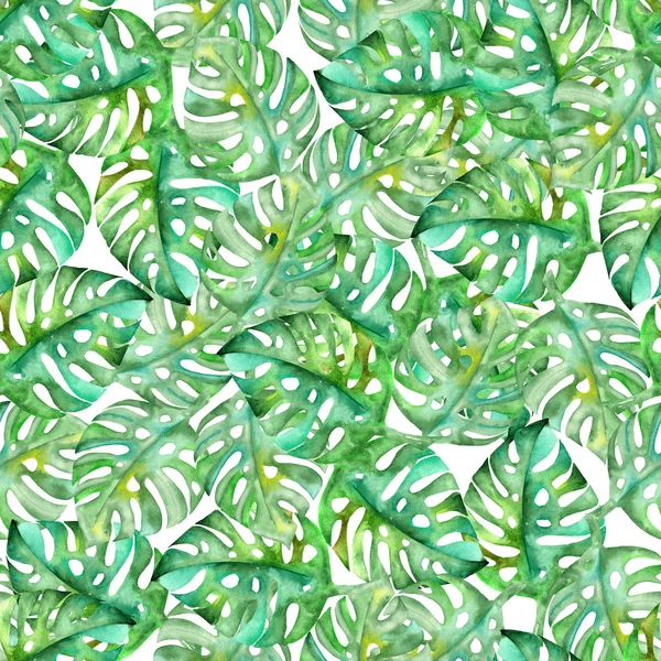 Nahtloses Muster mit Monstera-Blättern in Aquarell auf weißem Hintergrund — Stockfoto