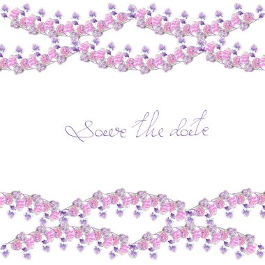Garland, beyaz arka plan, tebrik kartı, dekorasyon kartpostal veya davet üzerine suluboya boyalı mor ve pembe çiçekli kartpostal için şablon ile çerçeve kenarlığı