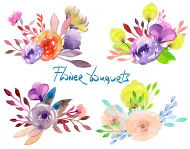 Suluboya buketler çiçek, yaprak ve bitki ile kümesi