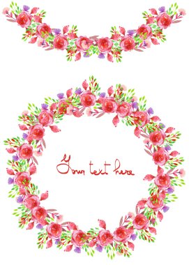 Çerçeve kenarlığı, garland ve çelenk mor ve kırmızı çiçekler ve beyaz arka plan, tebrik kartı, dekorasyon kartpostal veya davet üzerine suluboya boyalı yeşil yaprakları ile şubeler