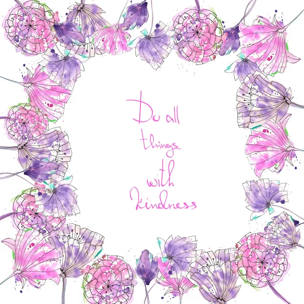 Rahmenrand, Vorlage für Postkarte mit lila und rosa Blüten in Aquarell auf weißem Hintergrund, Grußkarte, Deko-Postkarte oder Einladung — Stockfoto