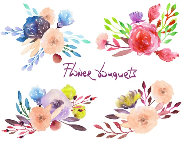 Zbiór akwarela Bukiety z kwiatów, liści i roślin — Zdjęcie stockowe